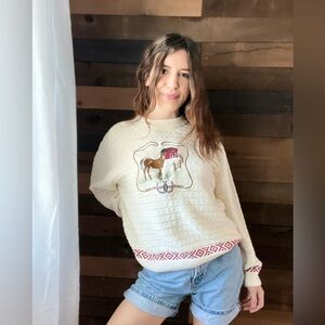 Vintage Cabela’s Horse Farm Barn Women's Knit Crewneck Sweater Size Large Beige